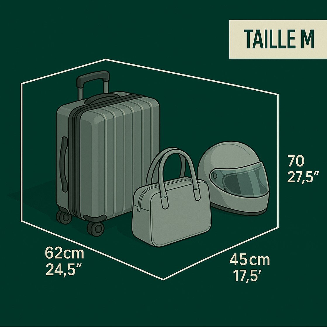 Ejemplo de capacidad de la taquilla M con una maleta, un bolso y un casco
