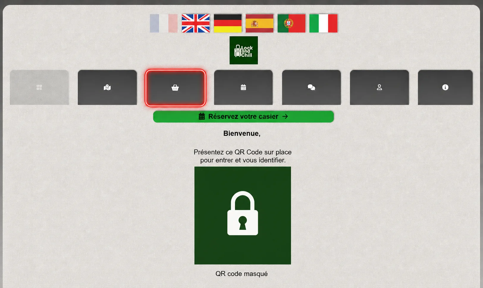 Lock and Chill personal area with locker tab selected and QR code masked